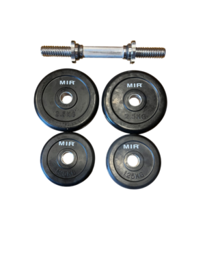 MANCUERNA OLÍMPICA CON DOS DISCOS 2,5 KG C/U + DOS DISCOS 1,25 KG C/U RECUBIERTOS EN GOMA MIR