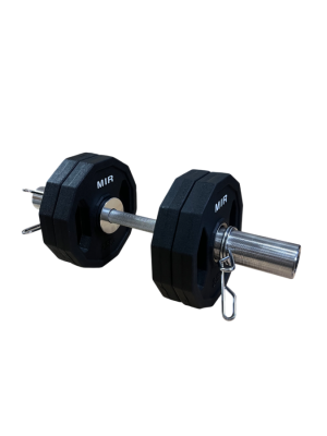 MANCUERNA OLÍMPICA 50MM CON TOPES + 4 DISCOS OLÍMPICOS HEXAGONALES DOBLE AGARRE 2,5 KG C/U MIR