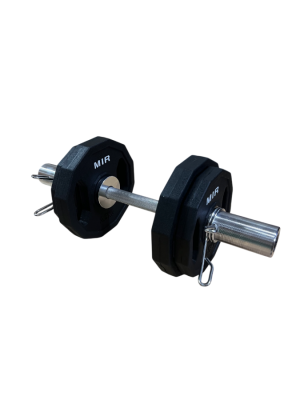 MANCUERNA OLÍMPICA 50MM CON TOPES + 2 DISCOS OLÍMPICOS HEXAGONALES DOBLE AGARRE 2,5 KG C/U + 2 DISCOS OLÍMPICOS HEXAGONALES DOBLE AGARRE 1,25 KG C/U MIR