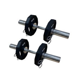 PAR DE MANCUERNAS OLÍMPICAS 50MM CON TOPES + 4 DISCOS OLÍMPICOS HEXAGONALES DOBLE AGARRE 2,5 KG C/U MIR