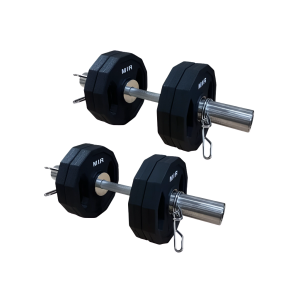 PAR DE MANCUERNAS OLÍMPICAS 50MM CON TOPES + 8 DISCOS OLÍMPICOS HEXAGONALES DOBLE AGARRE 2,5 KG C/U MIR