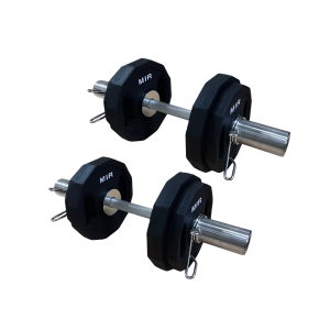 PAR DE MANCUERNAS OLÍMPICAS 50MM CON TOPES + 4 DISCOS OLÍMPICOS HEXAGONALES DOBLE AGARRE 2,5 KG C/U + 4 DISCOS OLÍMPICOS HEXAGONALES DOBLE AGARRE 1,25 KG C/U MIR